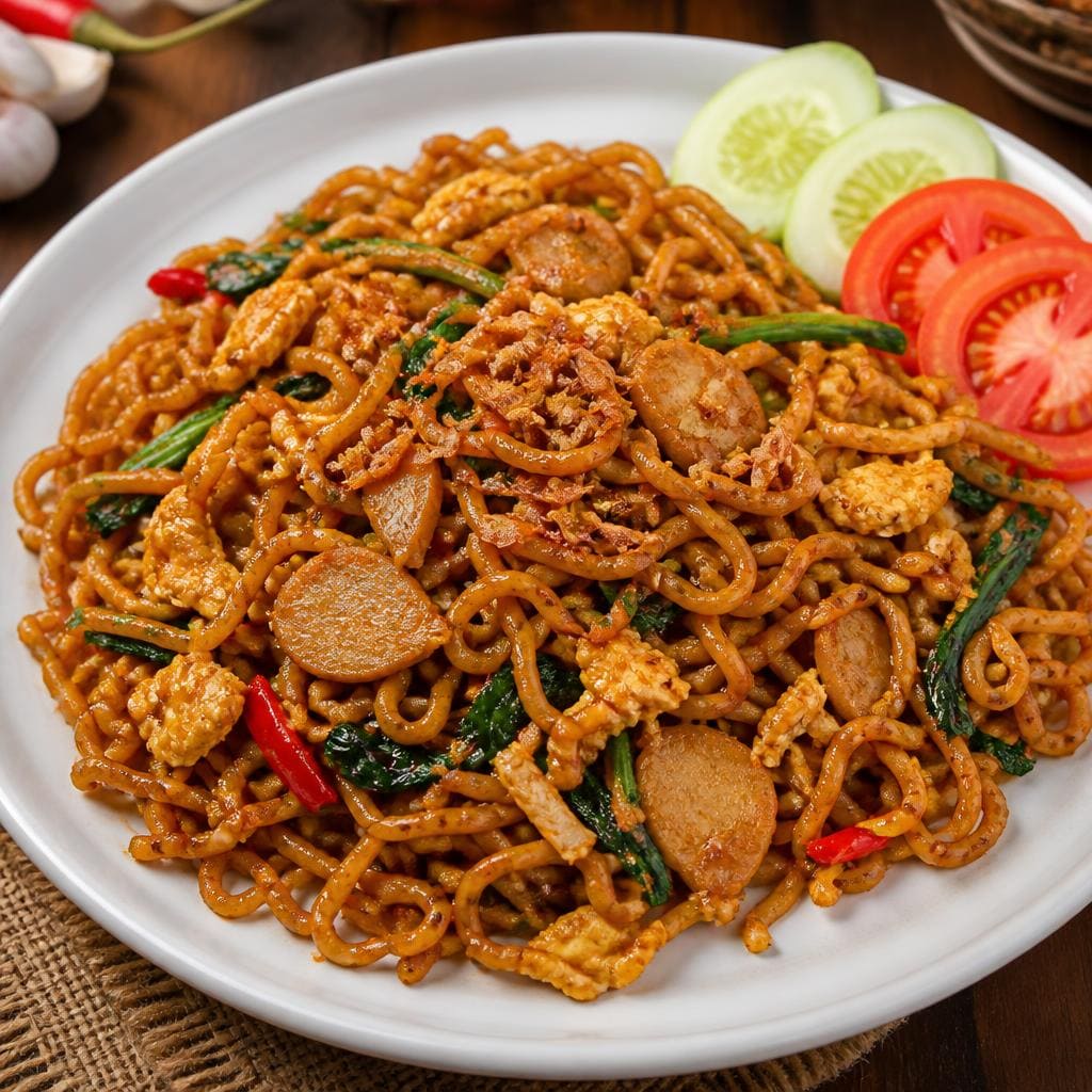 Mie Goreng Te Sate dengan bumbu gurih dan pelengkap khas